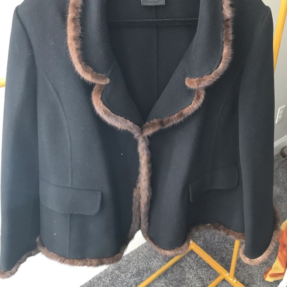 Mink Trim Wool and Angora Black Blazer Jacket Ellen Tracy SZ 20